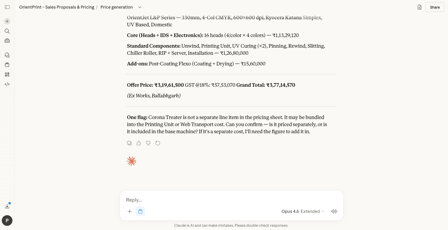 Real Claude-generated sales proposal for Orient with line items, GST, and an open question flagged